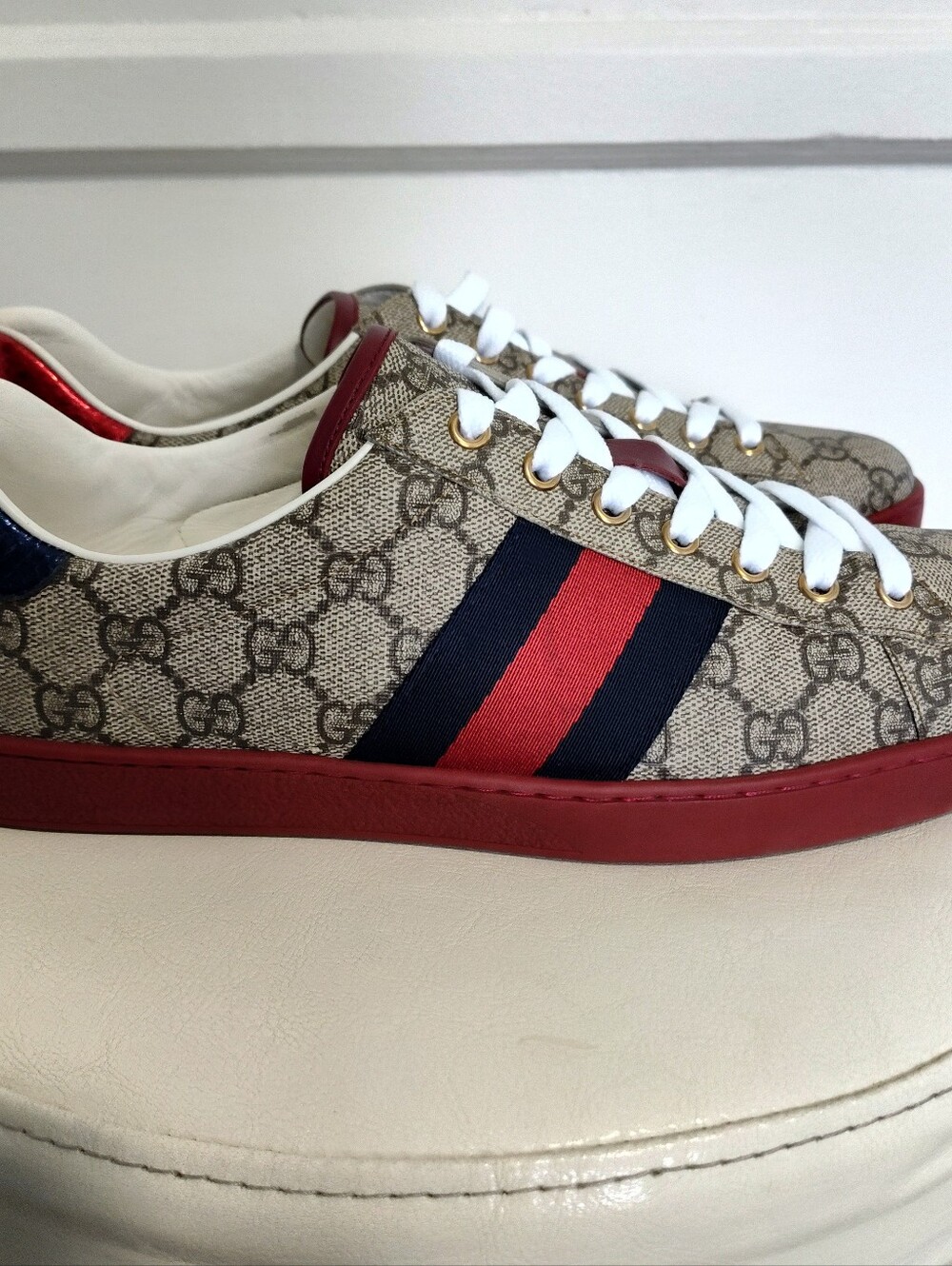 Gucci Beige GG Monogram Supreme Ace Casual Lace Up Low Top Sneakers Sz US 10 Men